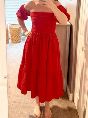 Abercrombie Red Puff Sleeve Off-Shoulder Smocked Midi Dress